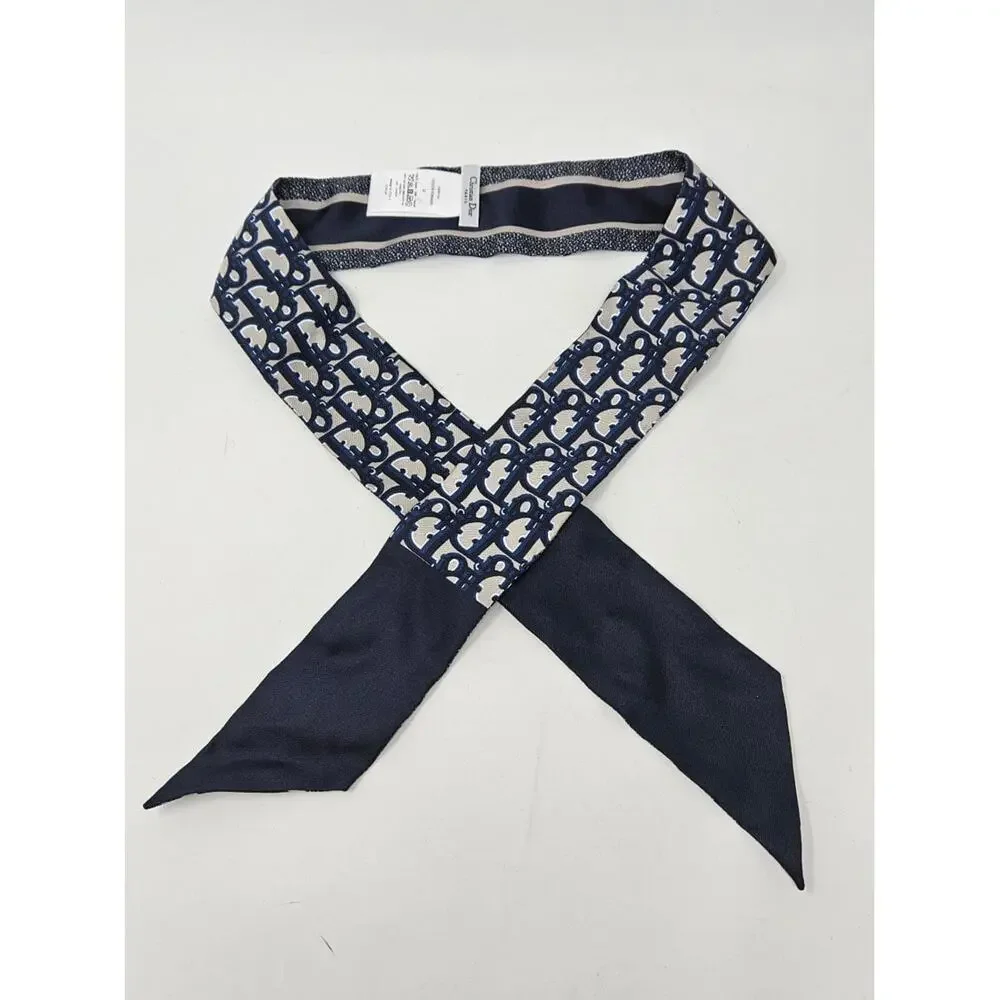 Christian Dior Blue CD Print Oblique silk skinny scarf